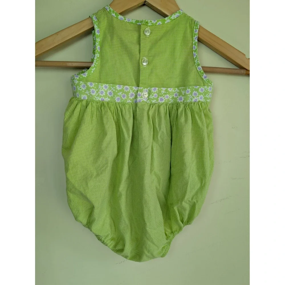 PA Kids‎ Vintage Bubble Romper Baby Girls 24M Green Gingham Berry Embroidery 90s